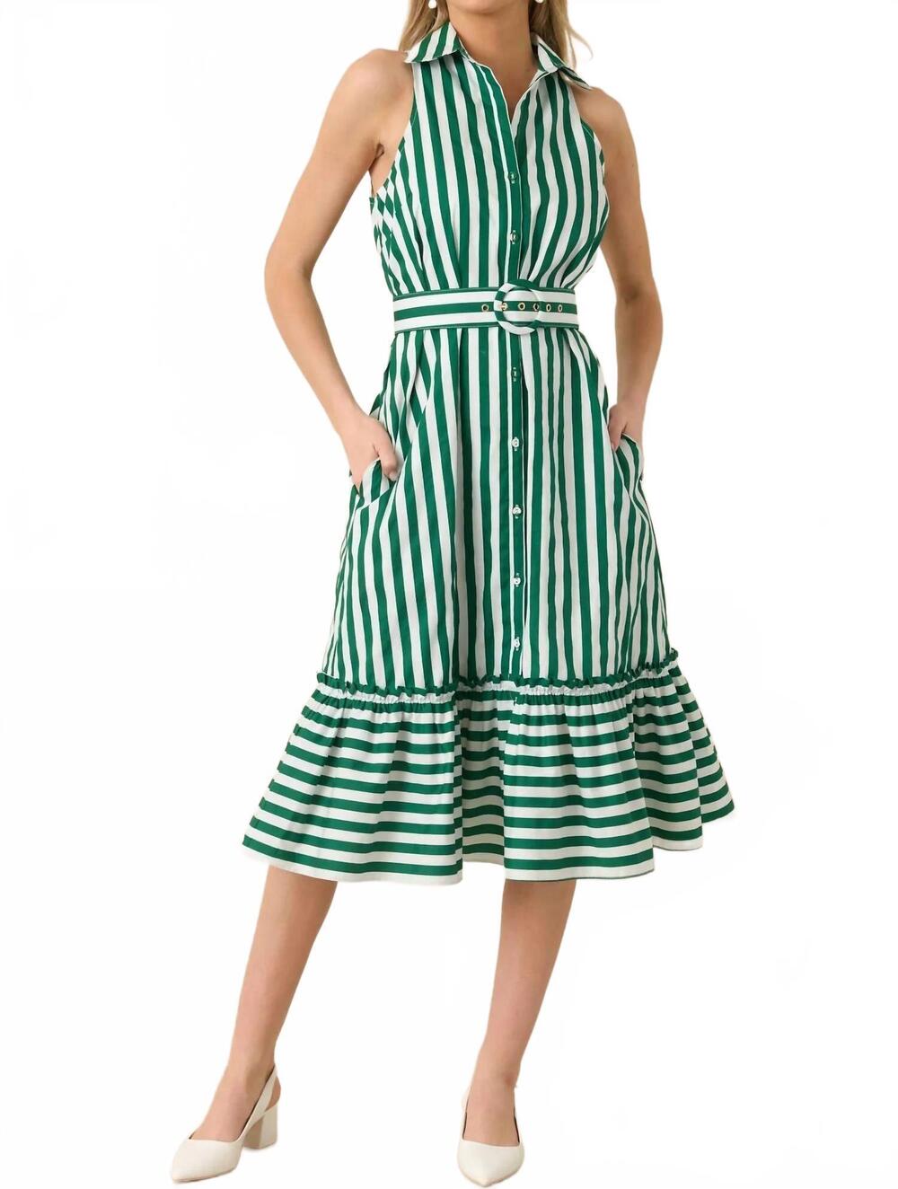 NEW PROSPERINA lourdes stripe cotton midi dress in green